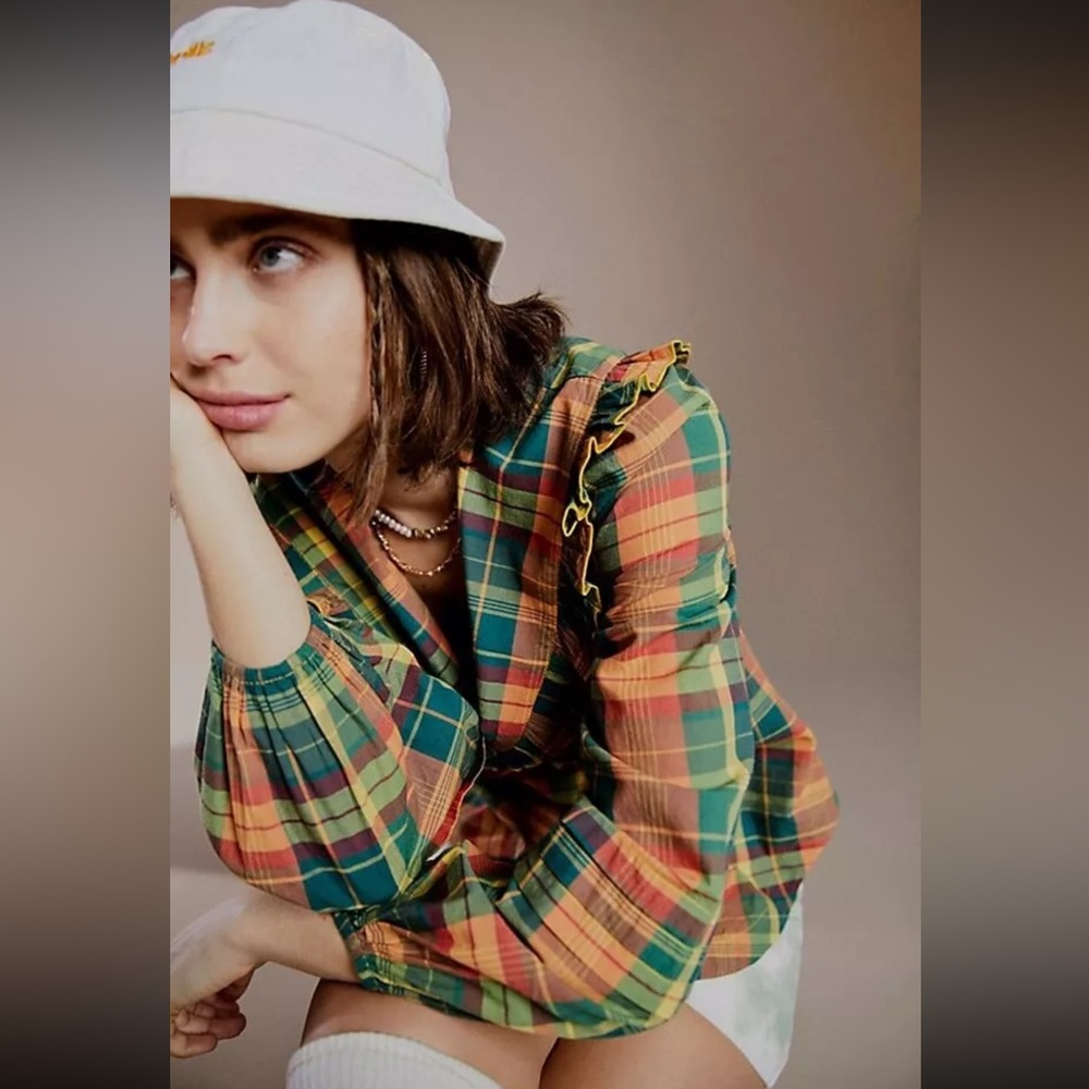 NEW Free People Molly Ruffle Plaid Collared Puff Sleeve Button Up Cabincore Sz S